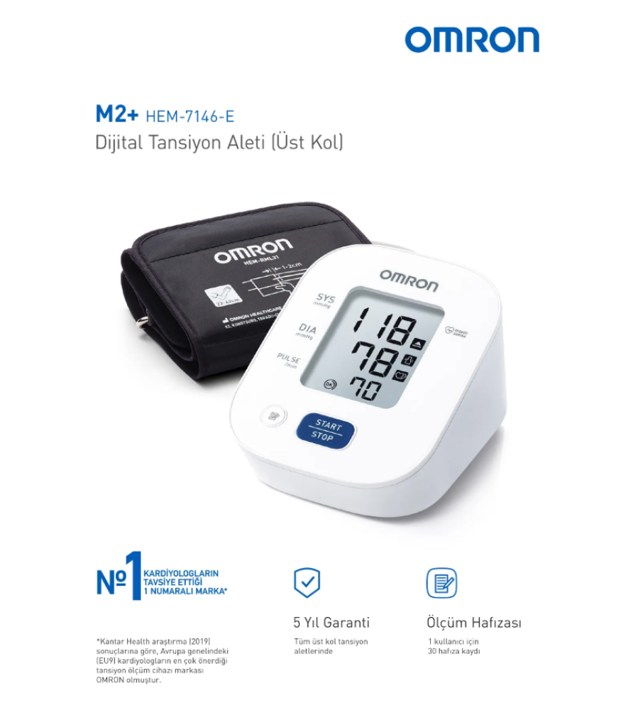 Omron M2+ 30 Ölçüm Hafızalı Geniş Manşetli Üst Koldan Ölçer Dijital Tansiyon Aleti